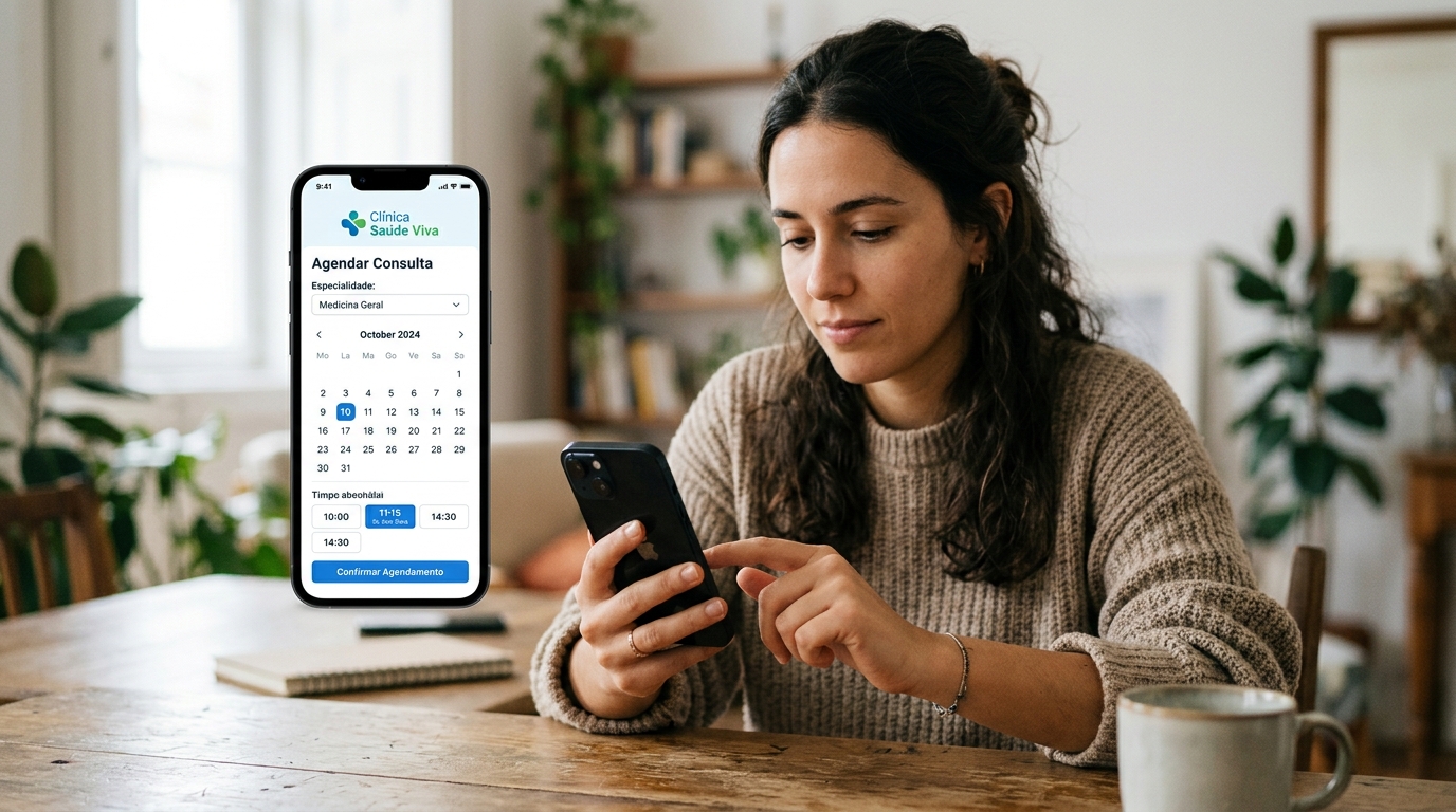 Fotografia de uma pessoa a usar o smartphone para agendar uma consulta médica online, ecrã visível com uma interface de agendamento limpa e moderna, fundo neutro e luz natural
