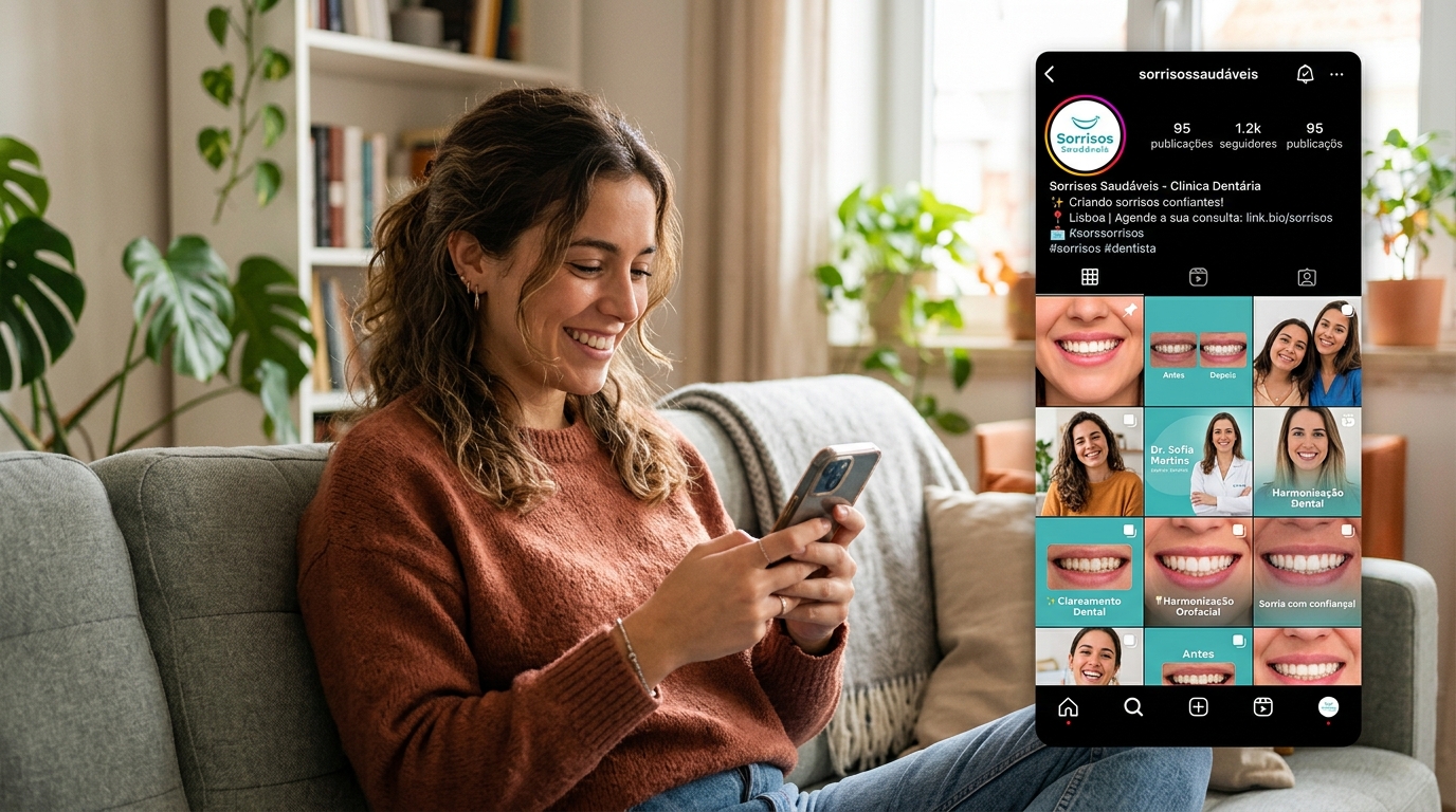 Mulher jovem sentada num sofá a olhar para o telemóvel, sorrindo enquanto navega nas redes sociais, com uma segunda imagem sobreposta mostrando um perfil de Instagram de clínica dentária com fotos de sorrisos