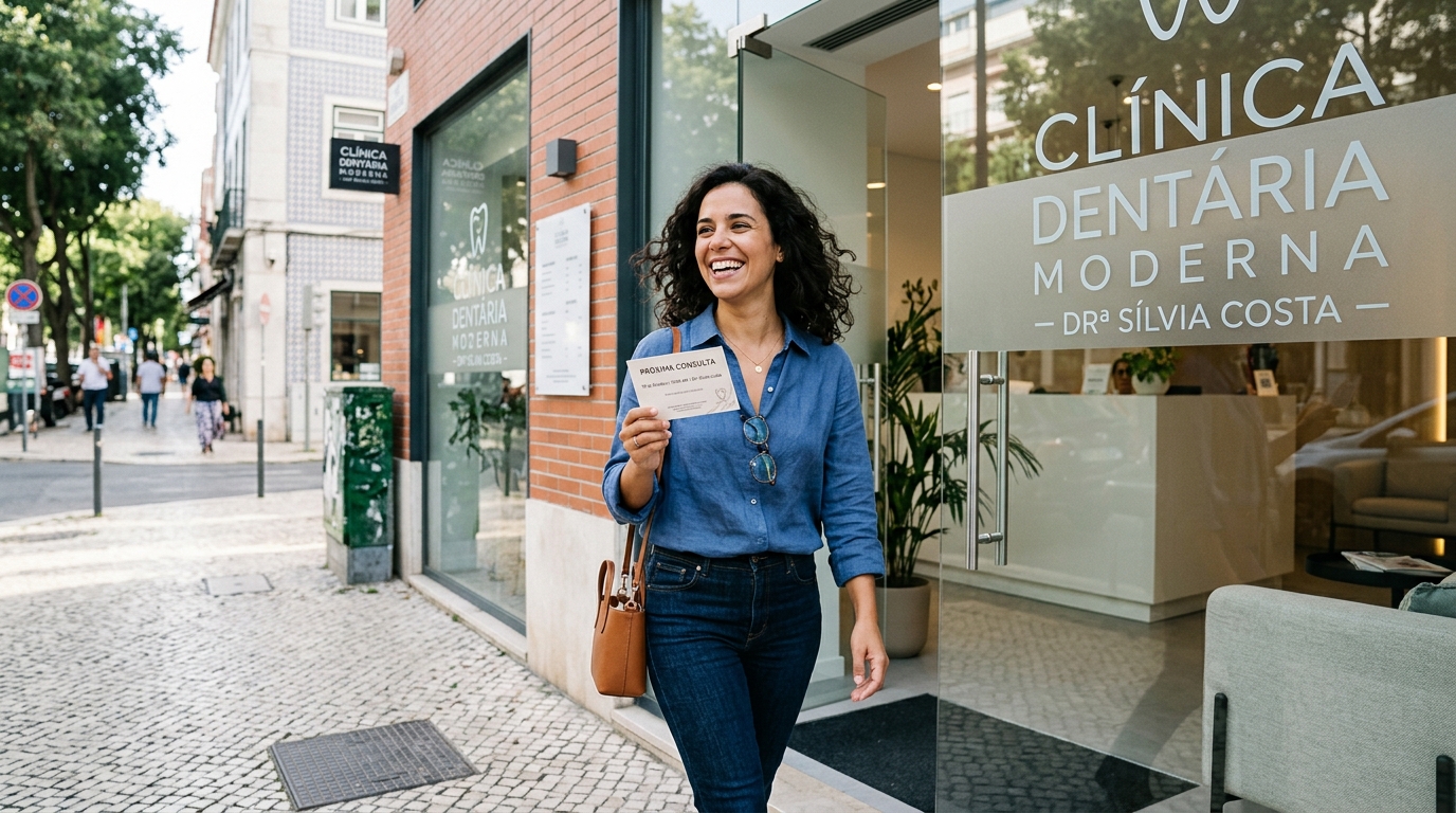 Mulher sorridente a sair de uma clínica dentária moderna, com expressão satisfeita, segurando um cartão de marcação da próxima consulta