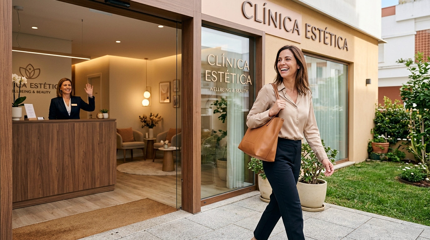 Fotografia de uma paciente sorridente a sair de uma clínica de estética, com rececionista ao fundo a despedir-se, ambiente acolhedor e profissional