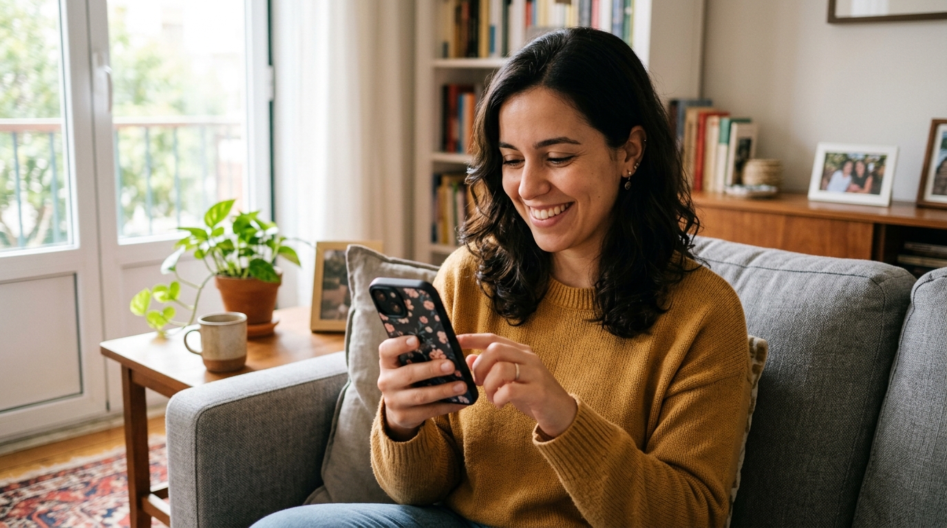 Fotografia de uma pessoa a segurar um smartphone e a responder a uma mensagem de confirmação de consulta médica, com um sorriso, em ambiente doméstico casual e iluminado naturalmente