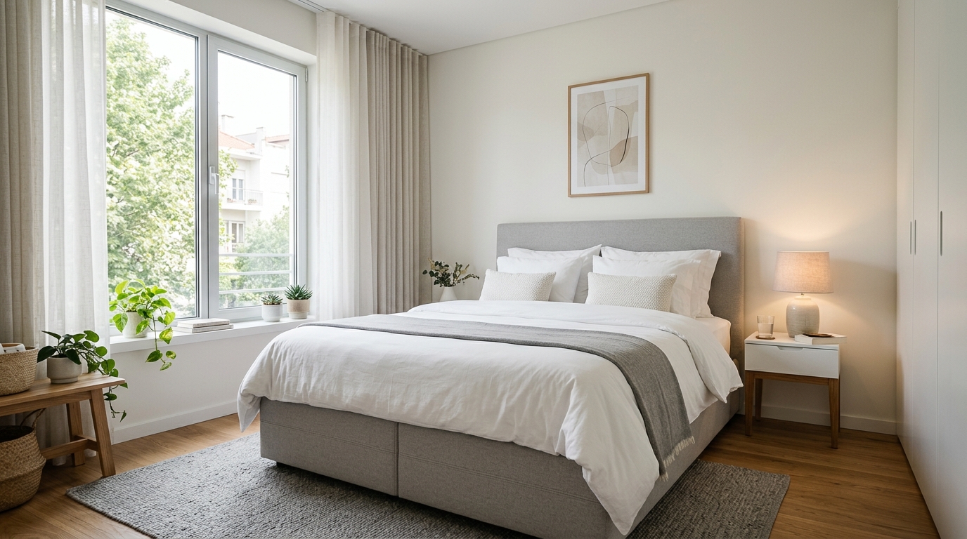 Quarto de casal com pack de colchão e sommier estofado branco ou cinzento, ambiente clean e moderno, com roupa de cama branca, luz natural suave a entrar pela janela