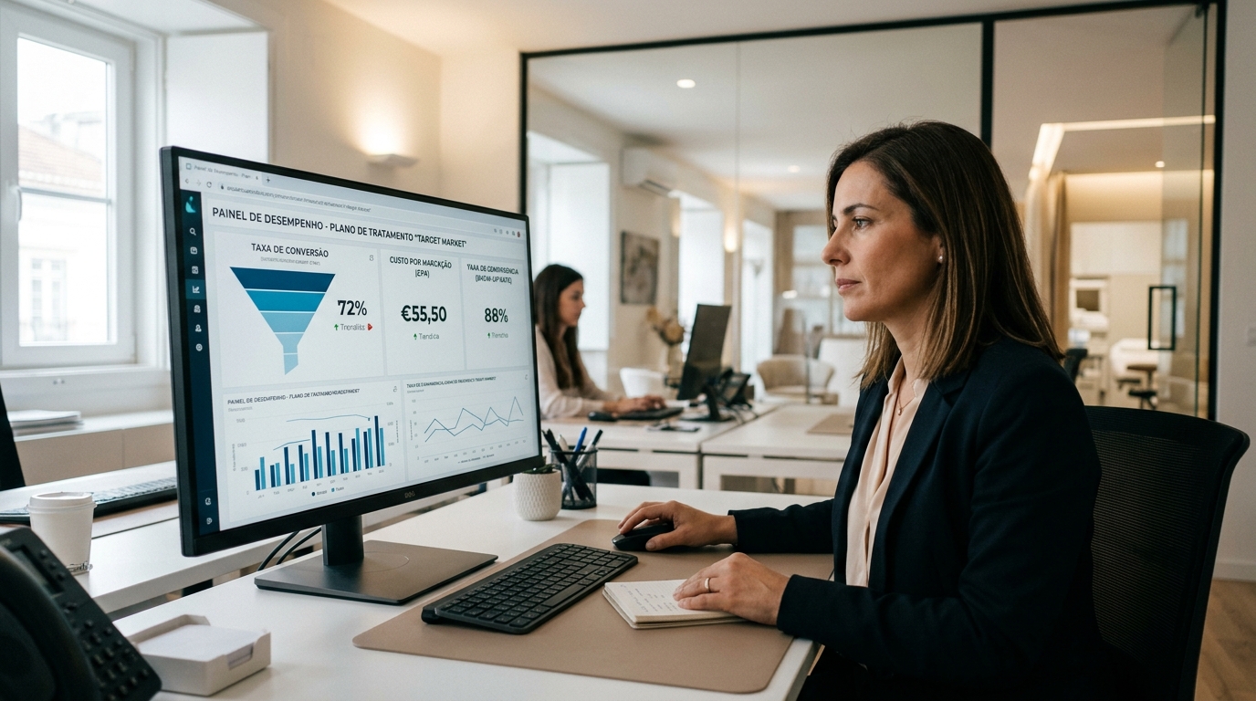 Gestora de clínica de estética a analisar num monitor um painel com taxa de conversão, custo por marcação e comparência de um plano de tratamento
