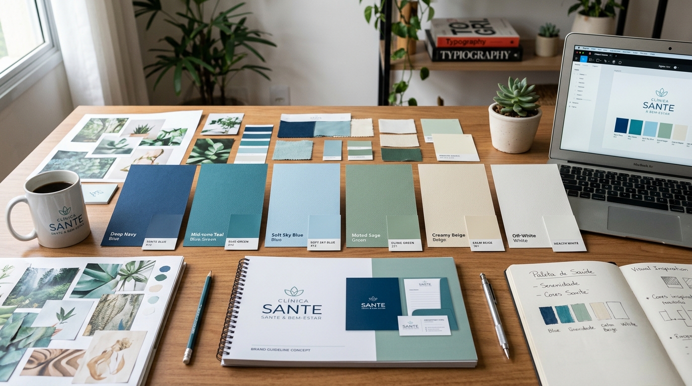 Fotografia de amostras de cores dispostas sobre uma mesa de trabalho de design, com cartões de cor em tons de azul, verde, branco e bege, representando uma paleta de identidade visual para clínica de saúde