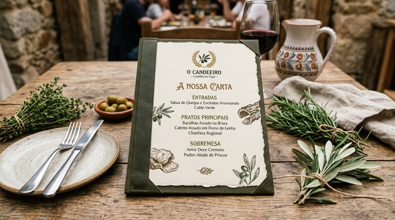 Fotografia de um menu de restaurante artesanal português com design em tons terrosos e verdes suaves, sobre uma mesa de madeira com elementos naturais como ervas frescas e cerâmica artesanal