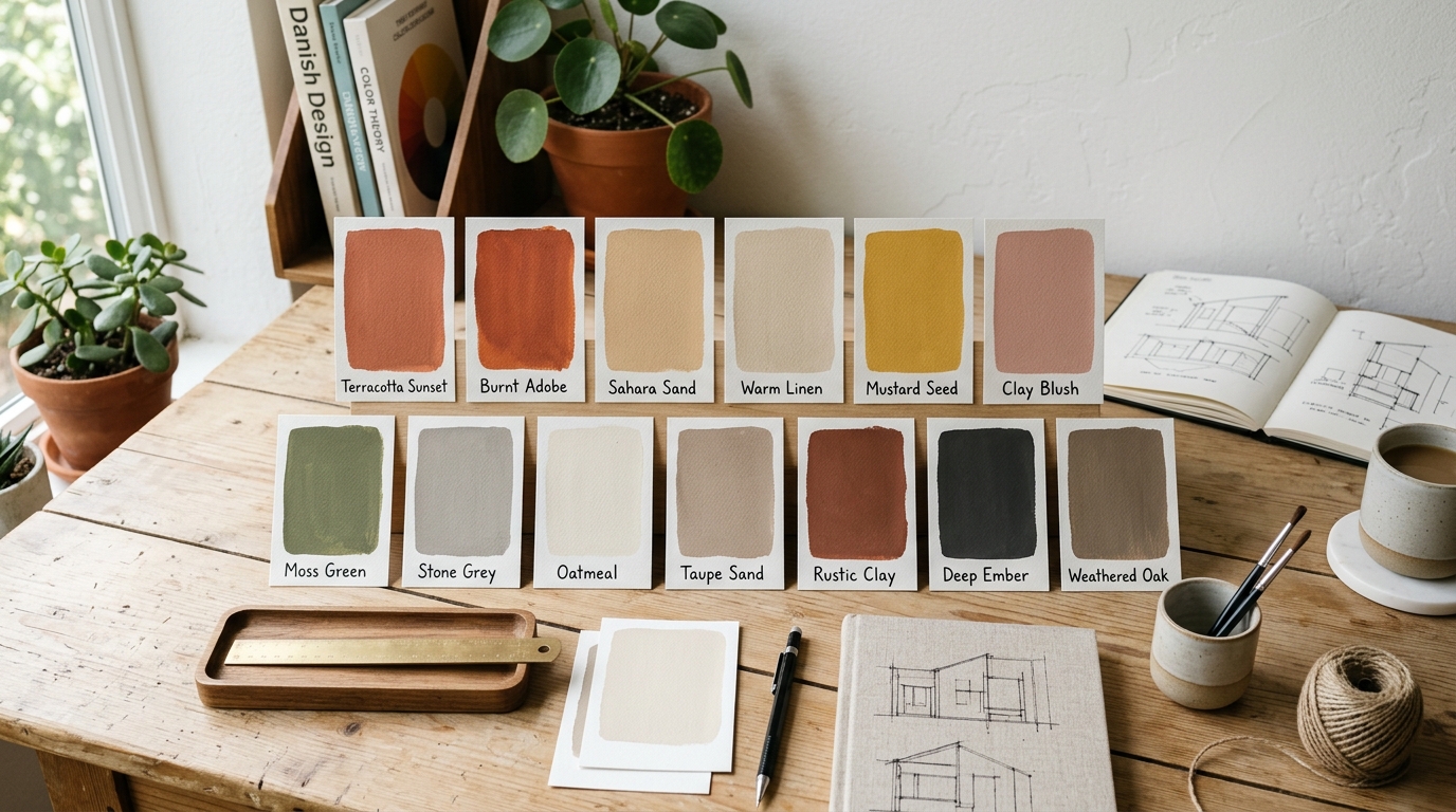Fotografia de amostras de cores físicas em cartão, dispostas sobre uma mesa de design com fundo branco, mostrando uma paleta harmoniosa de tons quentes e neutros