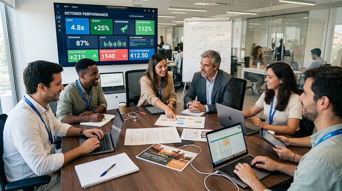 Fotografia de uma equipa de marketing e um cliente empresarial em sessão de trabalho colaborativo, com materiais de campanha e ecrãs com métricas de performance visíveis