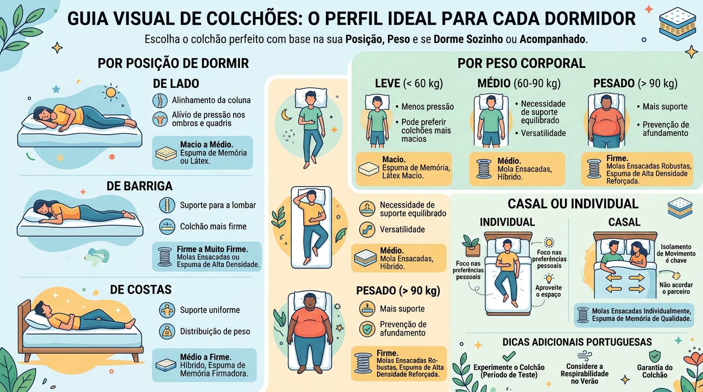 Infográfico visual com diferentes perfis de dormidores (posição, peso, casal/individual) e o tipo de colchão mais recomendado para cada um