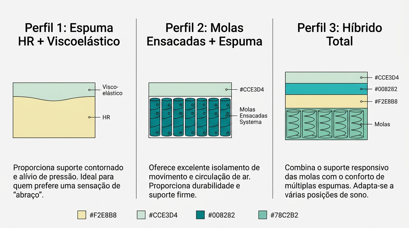 Diagrama editorial com 3 colunas verticais, cada uma representando um perfil de colchão em corte transversal. Perfil 1 (espuma HR + viscoelástico): camadas em #F2E8B8 e #CCE3D4. Perfil 2 (molas ensacadas + espuma): cilindros de molas em #008282 com camada superior em #CCE3D4. Perfil 3 (híbrido): molas em #78C2B2, múltiplas camadas de espuma em #F2E8B8, #CCE3D4 e #008282. Separadores verticais em linha fina #7A7A7A. Fundo #F9F9F9, composição 16:9.