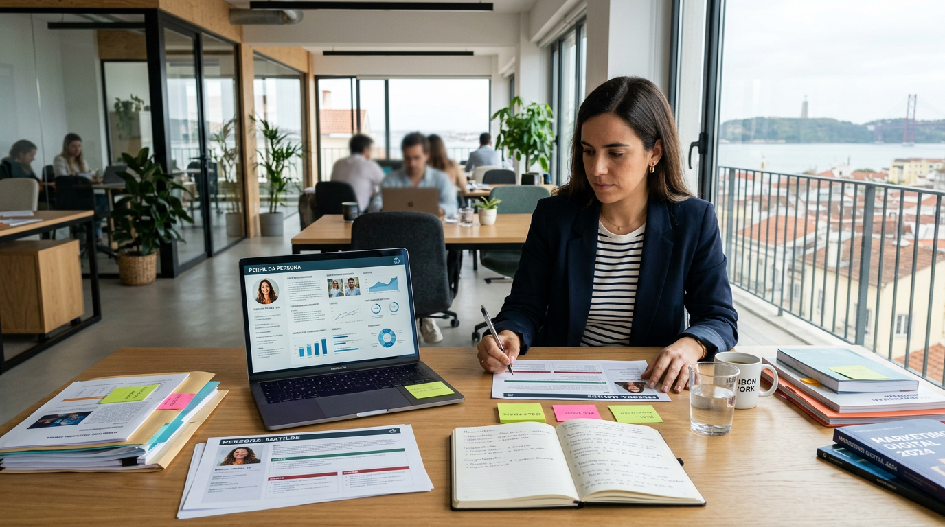 Um profissional de marketing a trabalhar numa persona de cliente numa secretária organizada com notas, um computador com dados e gráficos, e materiais de pesquisa, ambiente de escritório contemporâneo em Lisboa