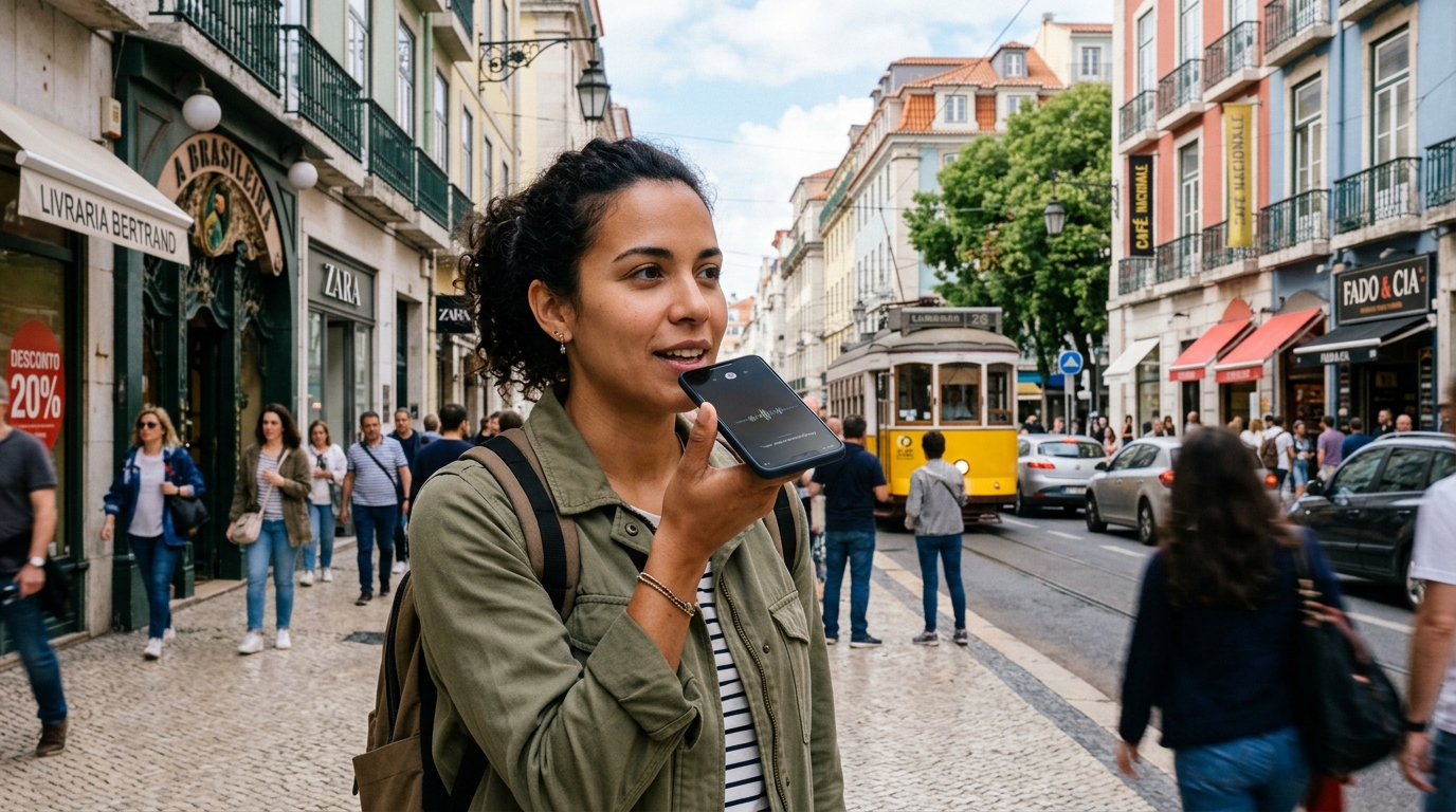 Fotografia de uma pessoa a segurar um smartphone e a falar para o assistente de voz numa rua urbana movimentada, com lojas e edifícios ao fundo, representando uma pesquisa local por voz em contexto real