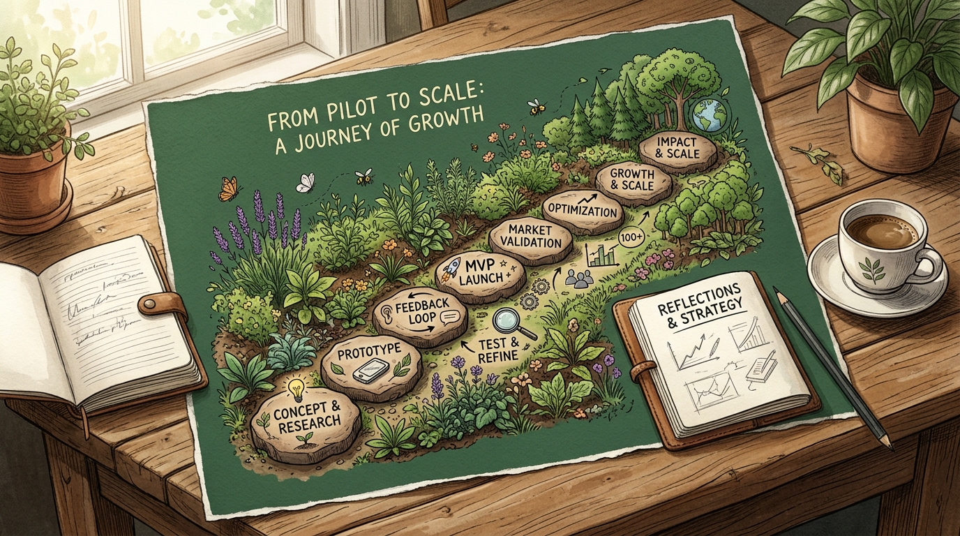 A hand-drawn garden-bed style timeline on a table showing nine labeled stepping stones leading from pilot to scale, with a coffee cup and notebook, warm daylight