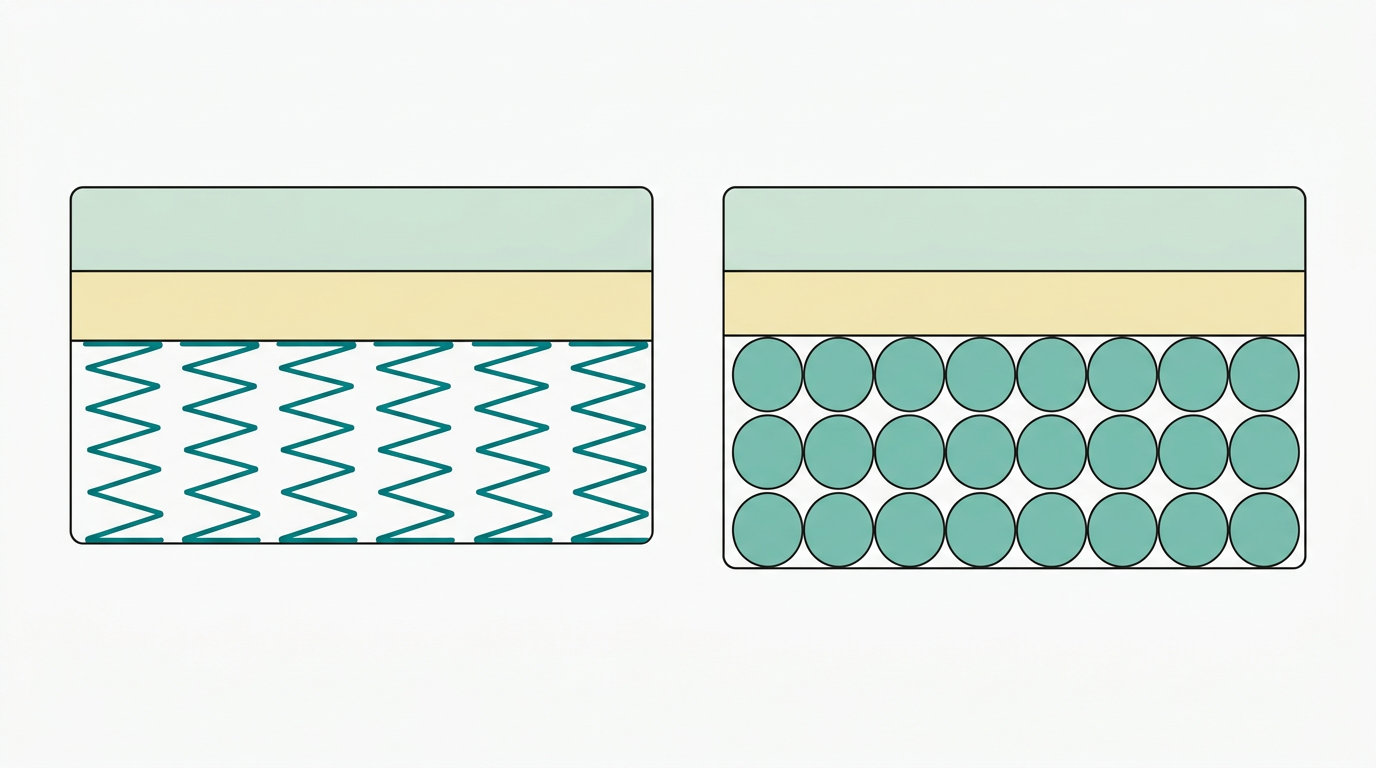 Diagrama técnico comparativo em formato horizontal 16:9 mostrando dois retângulos lado a lado representando cortes transversais de colchão: o da esquerda com camadas de molas contínuas (linhas em ziguezague regulares em #008282), o da direita com círculos individuais representando molas ensacadas (em #78C2B2). Camadas superiores preenchidas em #F2E8B8 e #CCE3D4. Fundo #F9F9F9, sem texto, sem sombras.