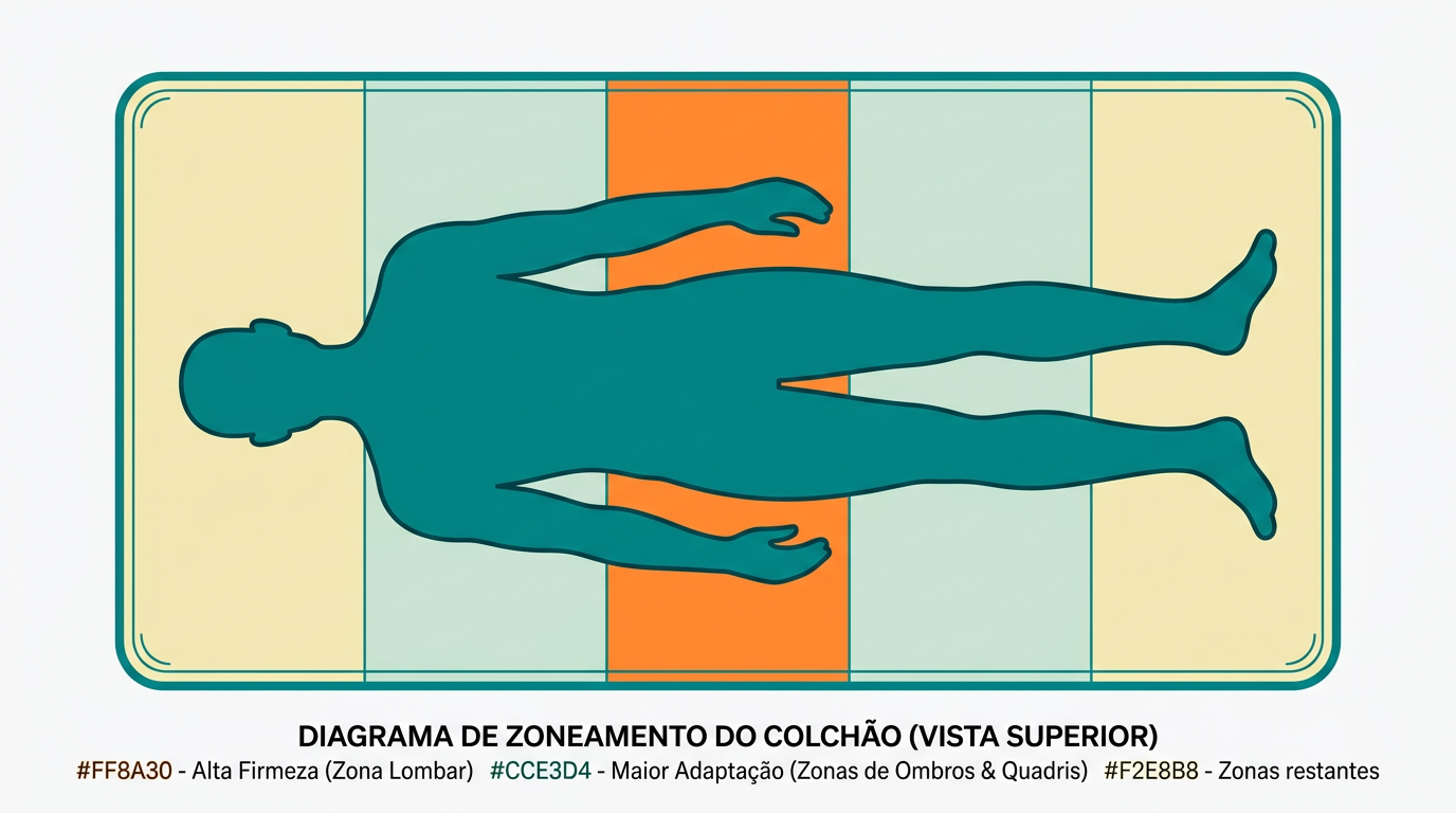 Diagrama vetorial plano de um colchão visto de cima, dividido em zonas horizontais com intensidades de cor diferentes: zona lombar central em #FF8A30 (maior firmeza), zonas de ombros e quadris em #CCE3D4 (maior adaptação), restantes zonas em #F2E8B8. Silhueta humana plana e sem feições em #008282 sobreposta ao colchão, indicando posição de dormir de costas. Fundo #F9F9F9, contornos em #008282, composição horizontal 16:9.