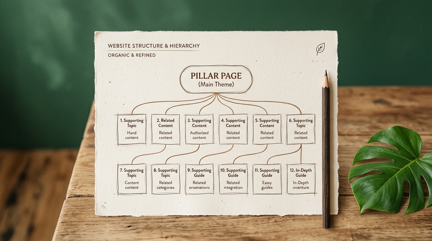 A hand-drawn style hierarchy on paper showing one pillar page connected by lines to twelve supporting pages, placed on a calm neutral table with a pencil and a green plant leaf