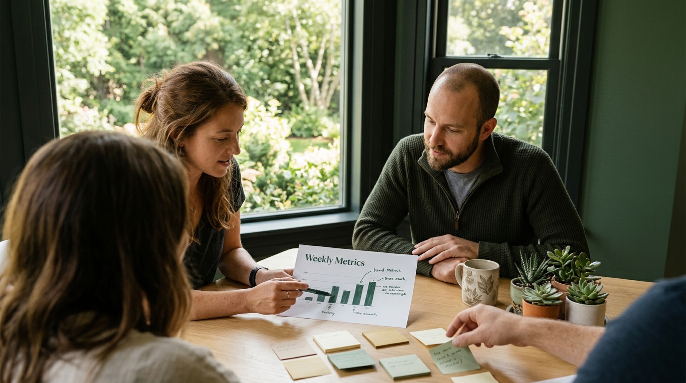 A small team gathered at a bright table reviewing a weekly metrics sheet and sticky notes, with a window view of green foliage behind them