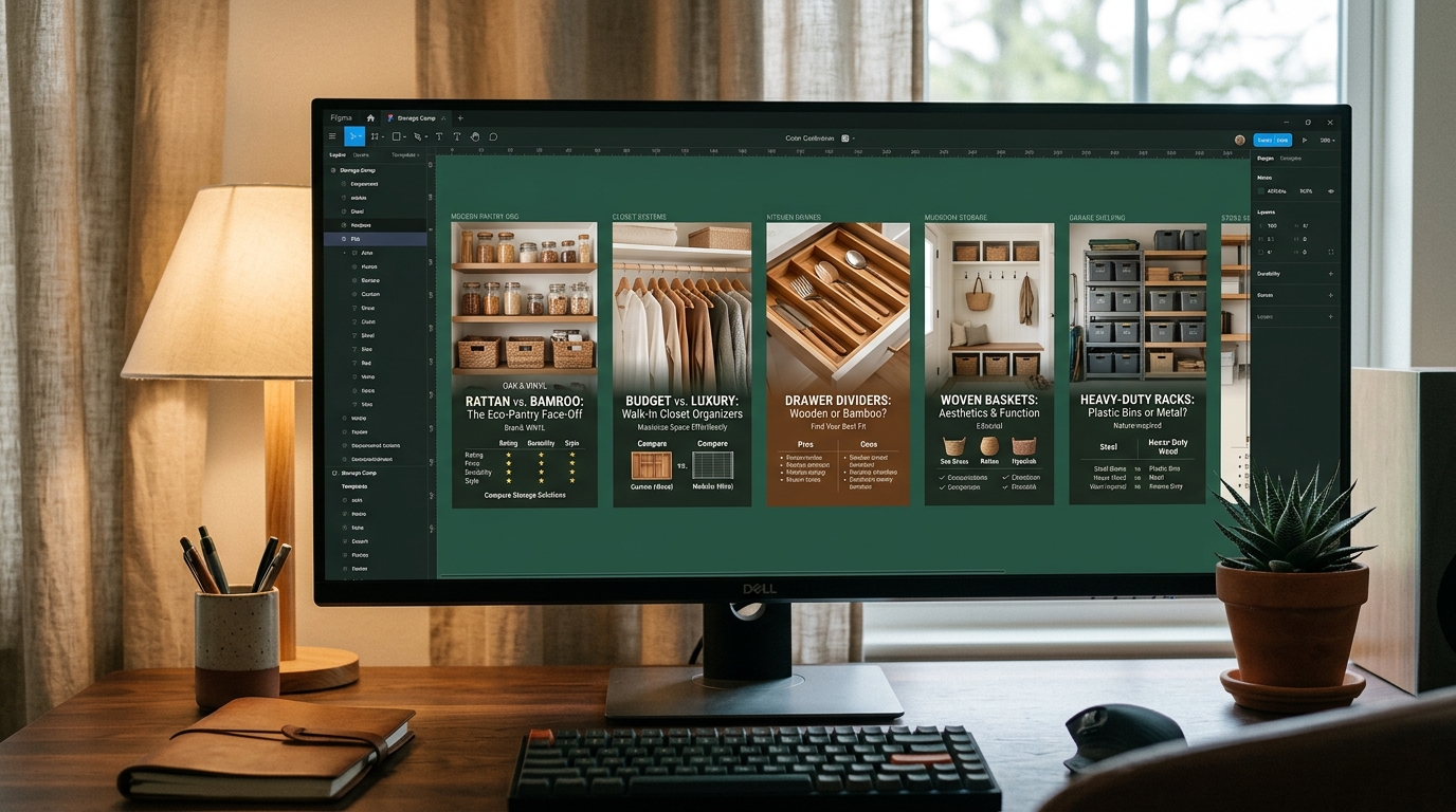 a designer's screen showing several vertical pin templates side by side for a home storage product comparison