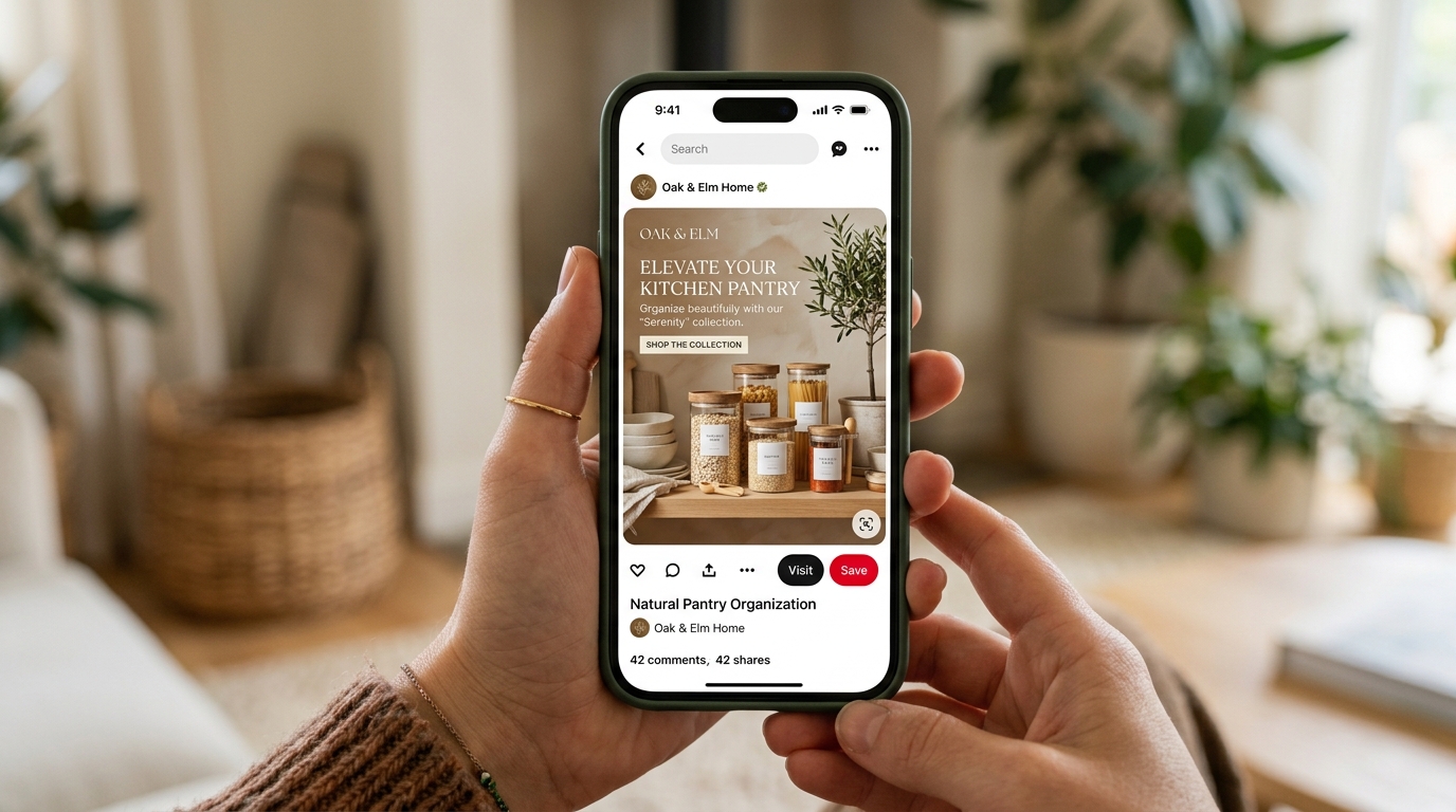 a smartphone displaying a vertical Pinterest pin featuring a home organization product with a save button visible