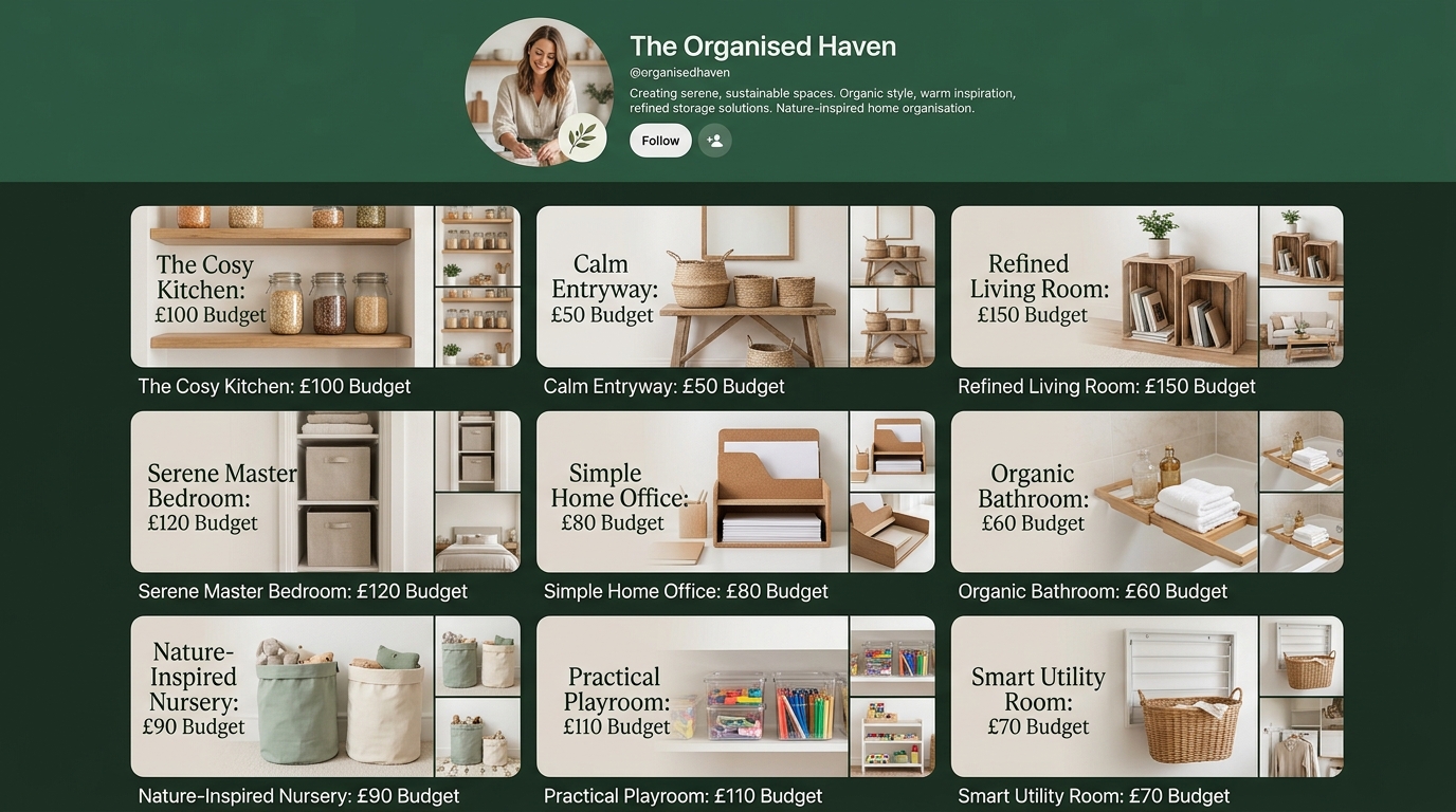 a Pinterest profile screen showing several boards labeled by room and budget for home organization products