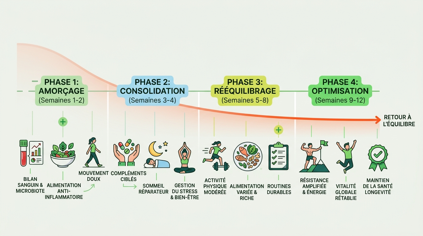 Timeline horizontale scientifique en style flat vector représentant 12 semaines de progression anti-inflammatoire, divisée en 4 phases distinctes (Semaines 1-2 / 3-4 / 5-8 / 9-12), chaque phase avec 2-3 icônes minimalistes représentant les actions clés (bilan sanguin, alimentation, mouvement, sommeil, compléments), une courbe décroissante d'inflammation stylisée en arrière-plan en #FE581B qui s'aplatit progressivement vers la droite, fond #EBEFE8, texte #002B14, accents positifs #76DB5D, format paysage large, très lisible sur mobile