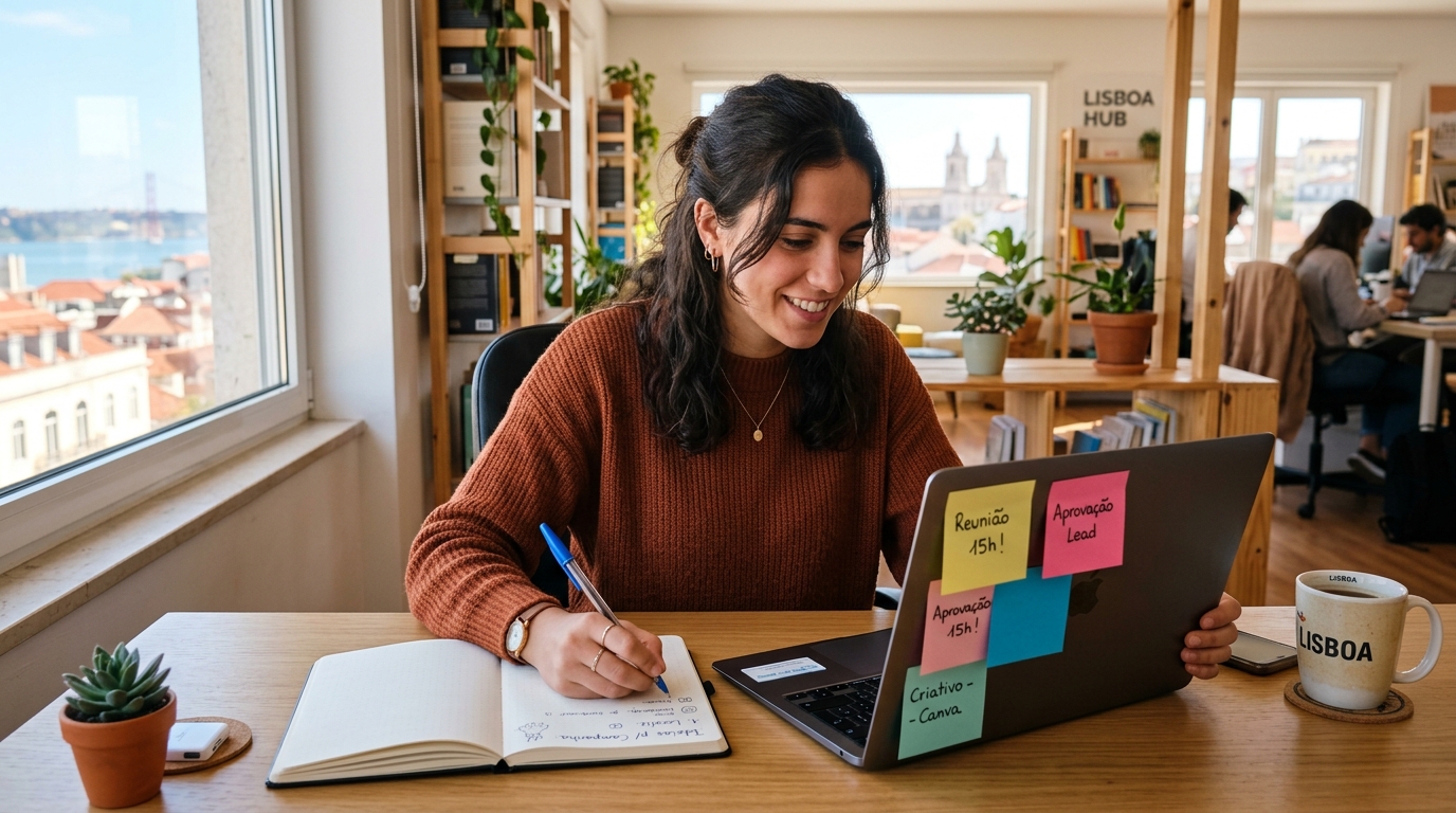 Pessoa jovem a trabalhar num portátil com post-its coloridos numa mesa organizada de escritório em Lisboa, com caderno de notas aberto ao lado e caneta na mão, em ambiente de trabalho criativo e luminoso