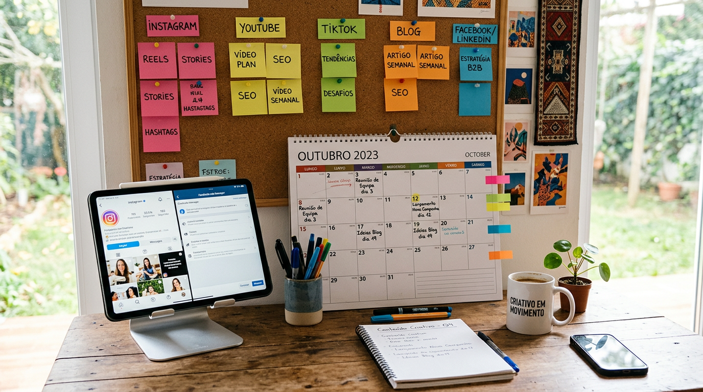 Mesa de trabalho com calendário mensal em papel, post-its coloridos com temas de conteúdo, canetas e um tablet com redes sociais abertas, ambiente de planeamento estratégico criativo