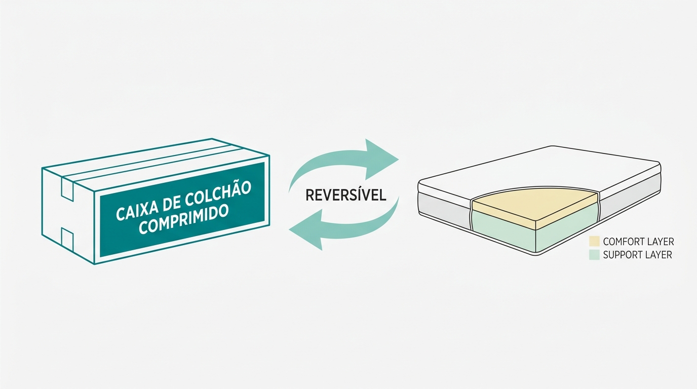 Ilustração técnica mostrando uma caixa de colchão comprimido à esquerda, uma seta curva central indicando reversibilidade, e o colchão expandido à direita. Caixa contornada a #008282, seta em #78C2B2, colchão expandido com camadas em #F2E8B8 e #CCE3D4. Fundo #F9F9F9, composição horizontal centrada, espaço em branco generoso.