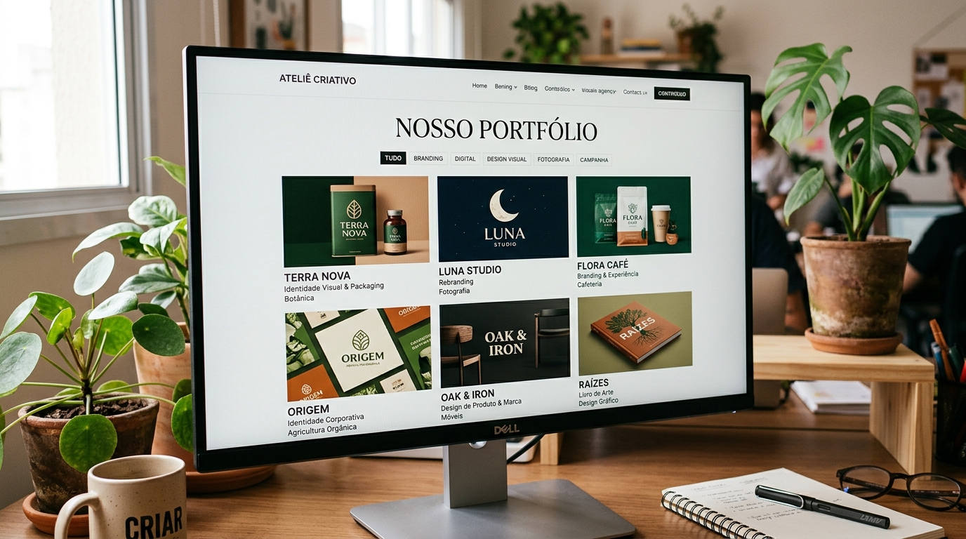 Fotografia de close-up num ecrã de computador a mostrar um portfólio digital de uma agência criativa, com projetos de branding e design visual bem apresentados, ambiente de trabalho criativo com plantas e materiais de escritório em fundo desfocado