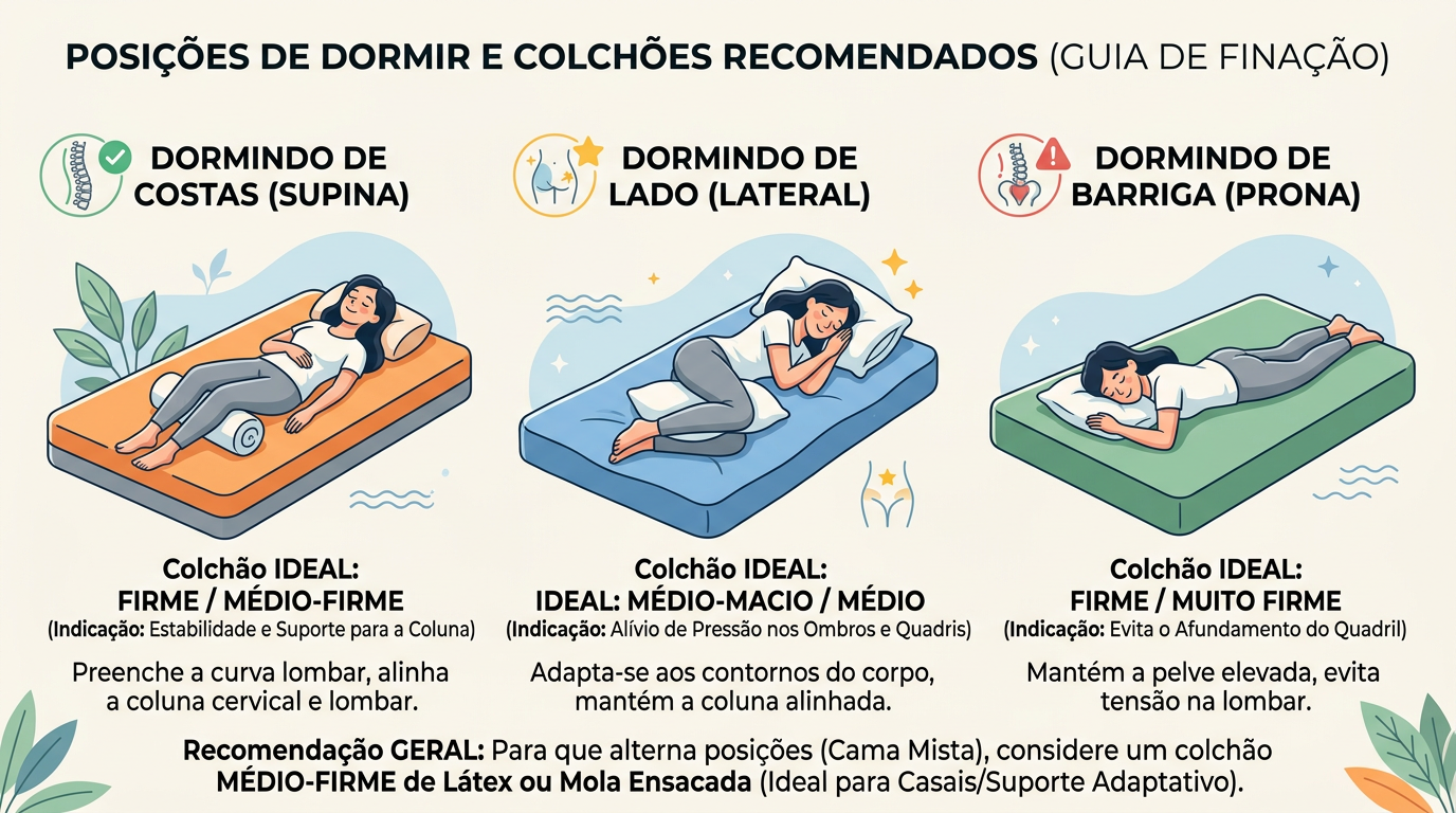 Ilustração mostrando três posições de dormir (costas, lateral e barriga) com indicação de qual tipo de colchão é mais indicado para cada posição