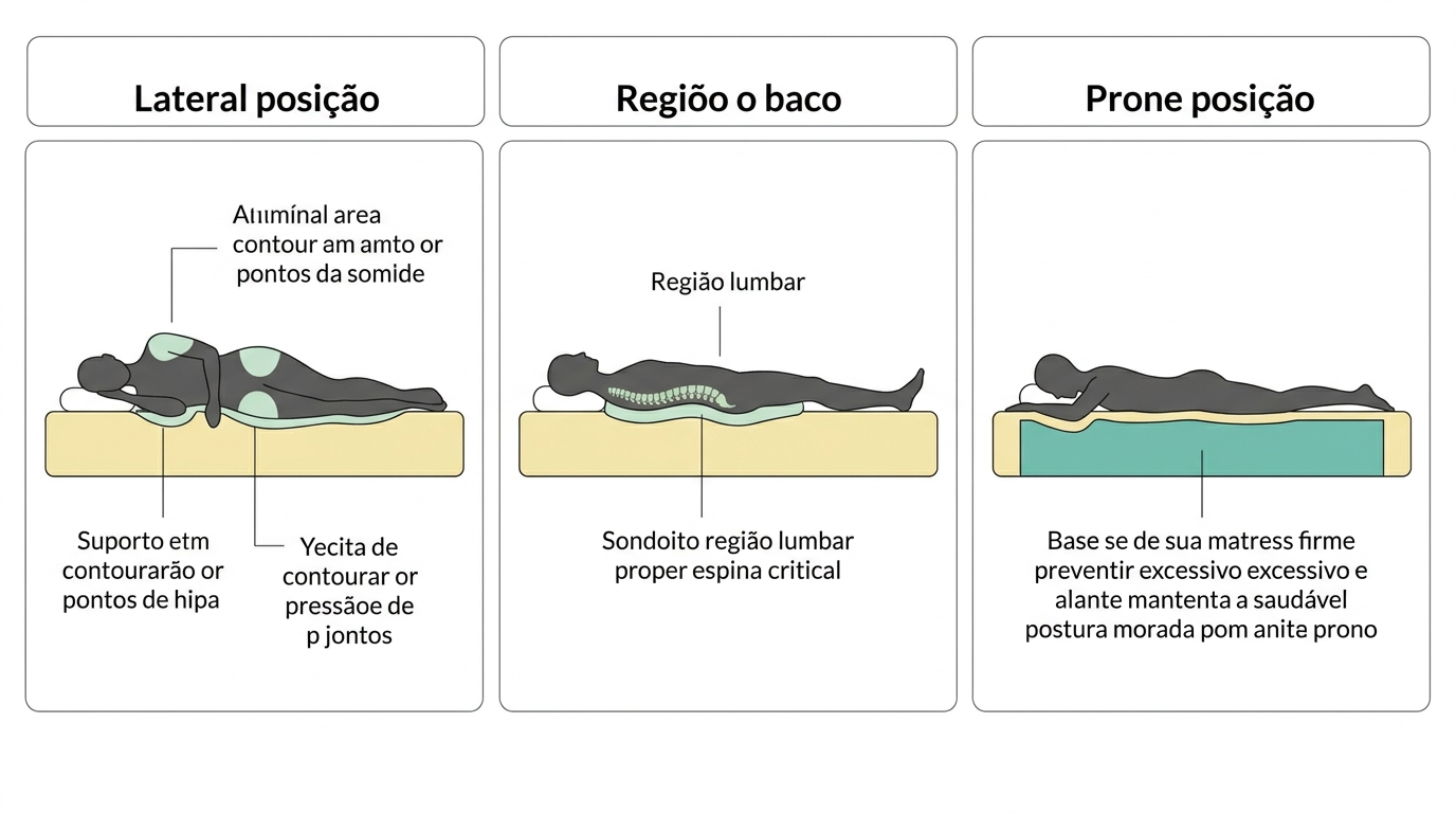 Diagrama com três painéis lado a lado mostrando silhuetas deitadas em diferentes posições. Painel esquerdo: silhueta em decúbito lateral com zona de ombro e anca em #CCE3D4 indicando necessidade de cedência. Painel central: silhueta de costas com suporte lombar destacado em #CCE3D4. Painel direito: silhueta de barriga para baixo com base firme do colchão destacada em #78C2B2. Colchões como retângulos em #F2E8B8.