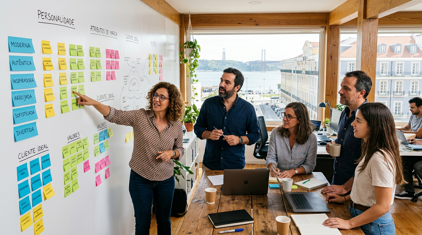 Fotografia de uma reunião estratégica numa agência de branding em Lisboa, com post-its coloridos numa parede branca, membros de equipa a discutir atributos de personalidade de marca