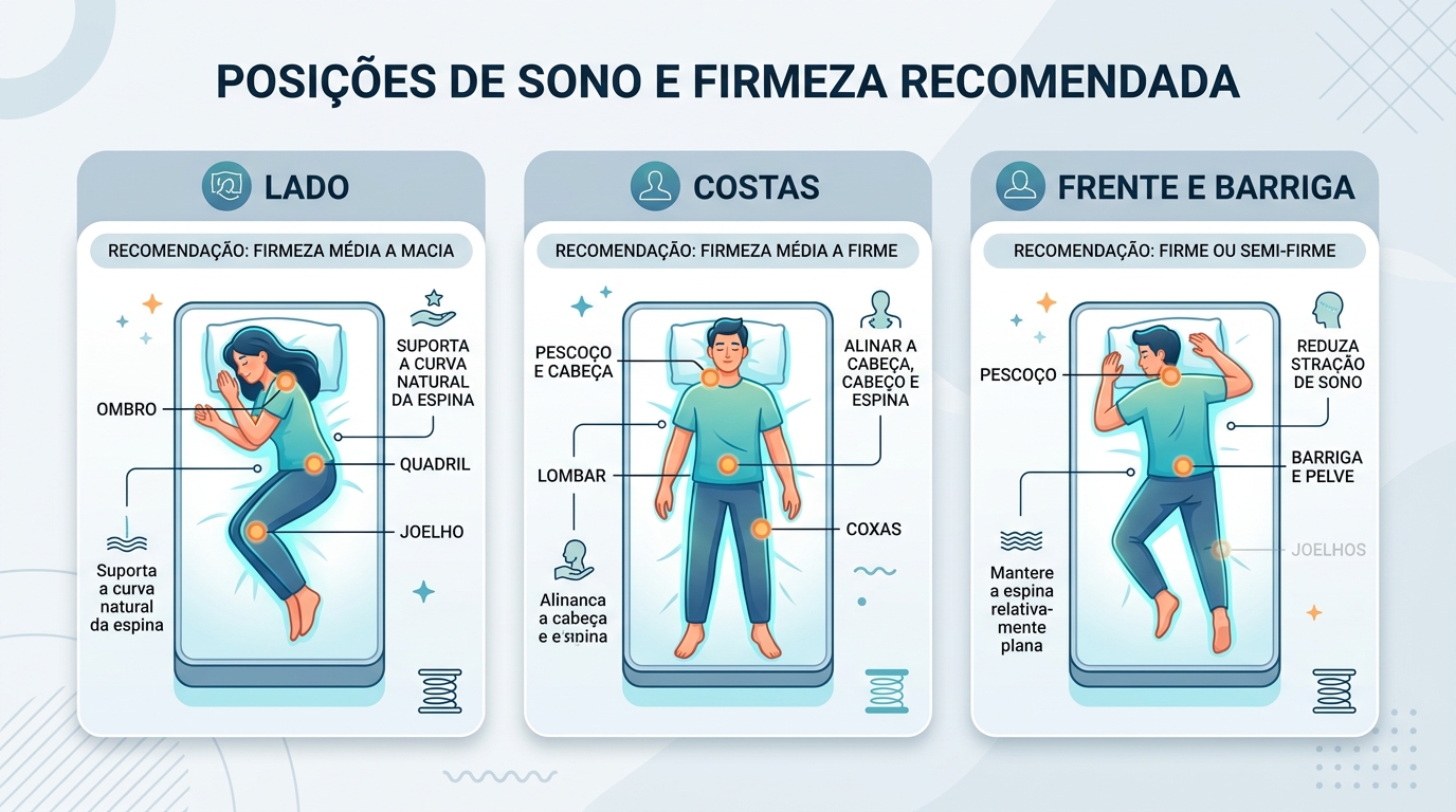 Infográfico visual mostrando as três posições de sono principais (lado, costas, frente) com indicações de firmeza recomendada e pontos de pressão em cada posição, sobre fundo neutro e moderno