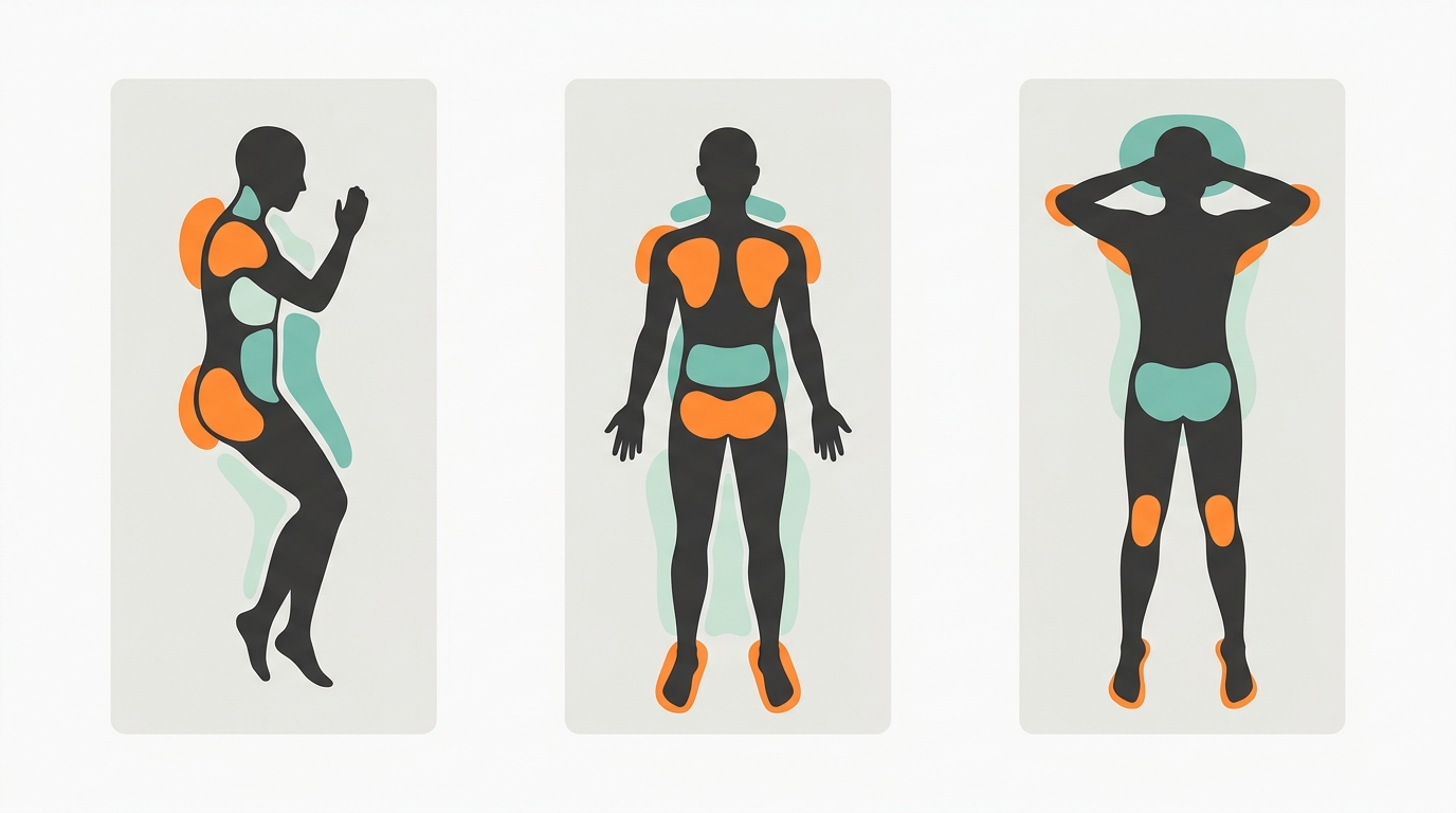 Flat 2D vector illustration showing three faceless genderless silhouettes lying on separate mattress sections: one on their side, one on their back, one on their stomach. Each mattress section uses different pressure zone colors (#FF8A30 for high pressure areas, #CCE3D4 for neutral zones, #78C2B2 for support zones). The three mattresses are arranged horizontally with generous whitespace between them. Background #F9F9F9. Minimalist, 6:1 mattress ratio, no text, no gradients, solid fills only.