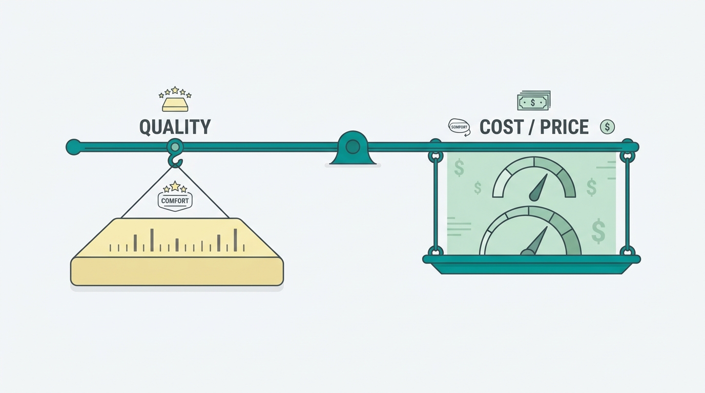 Flat vector diagram showing a horizontal scale or balance beam in #008282, with left side showing a simple mattress rectangle in #F2E8B8 labeled with quality indicators (small tick marks in #7A7A7A) and right side showing a price indicator zone in #CCE3D4, suggesting balance between cost and quality, on #F9F9F9 background, 16:9 landscape