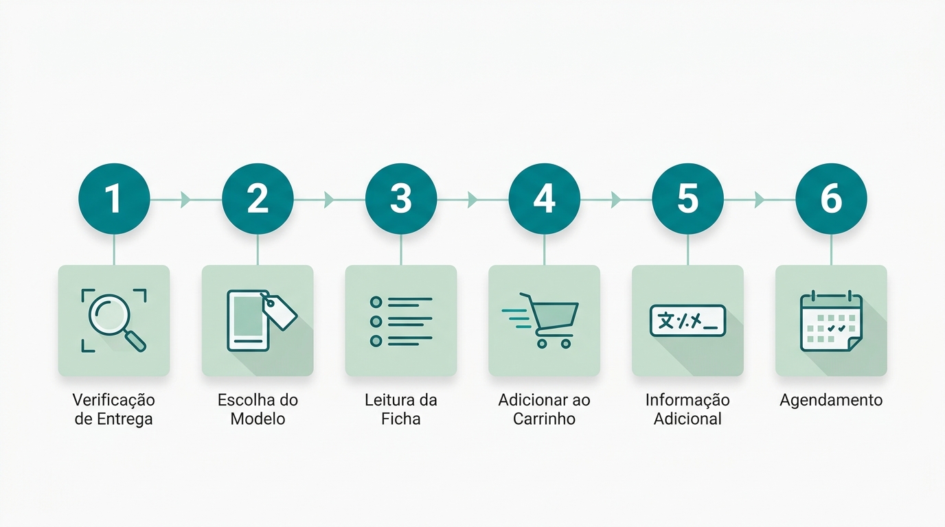Diagrama editorial horizontal de 6 etapas sequenciais numeradas, cada etapa representada por um círculo #008282 com número em branco conectado por linha fina #78C2B2. Por baixo de cada círculo, um ícone geométrico simples representa a ação: 1) lupa (verificação de entrega), 2) retângulo com etiqueta (escolha do modelo), 3) lista (leitura da ficha), 4) carrinho geométrico (adicionar ao carrinho), 5) campo de texto estilizado (informação adicional), 6) ícone de calendário (agendamento). Fundo #F9F9F9, fundos dos ícones em #CCE3D4.