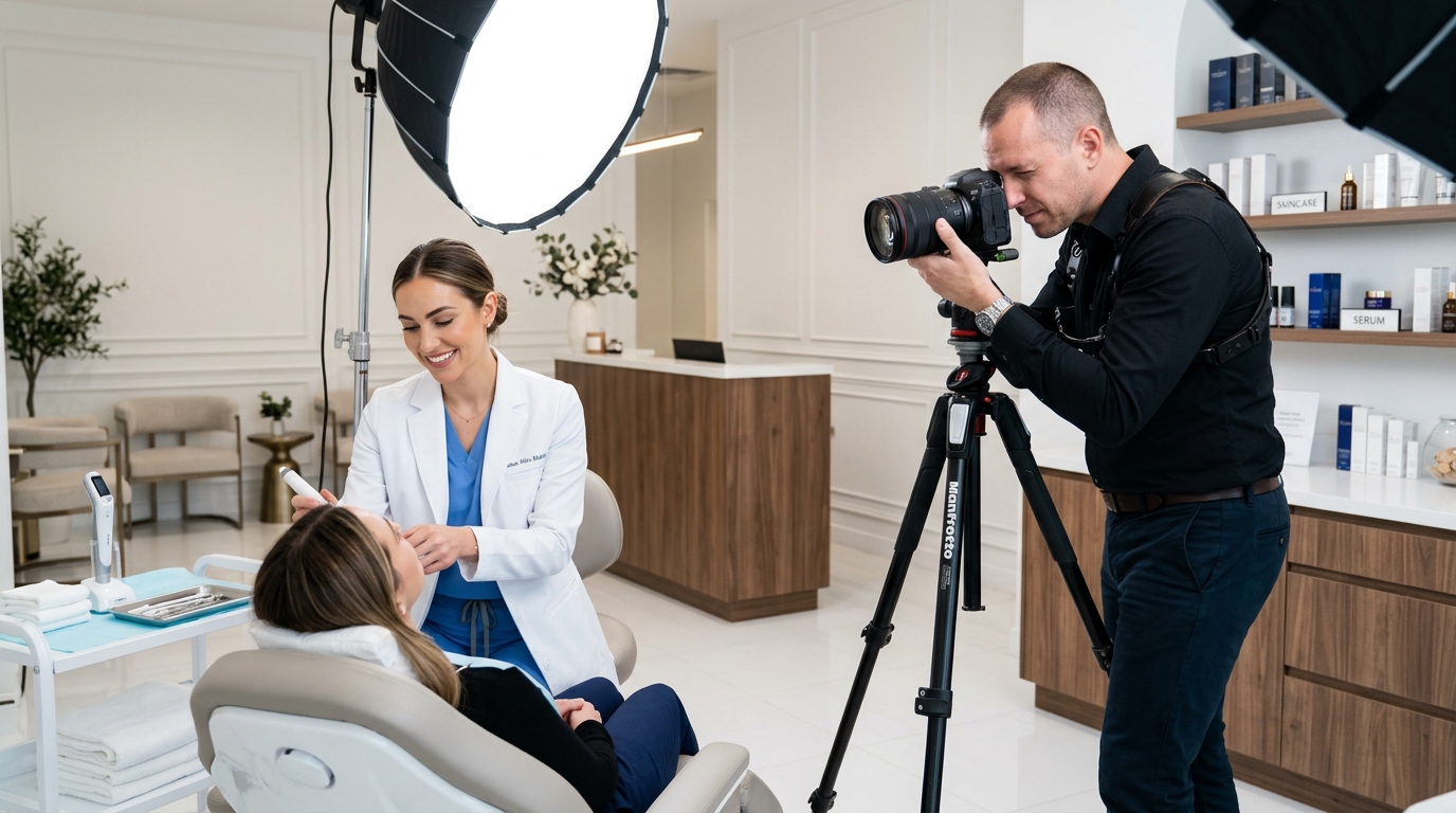 Fotógrafo profissional a fotografar profissional de estética num consultório clínico moderno, com iluminação de estúdio montada, câmara DSLR em tripé, ambiente clínico limpo e elegante