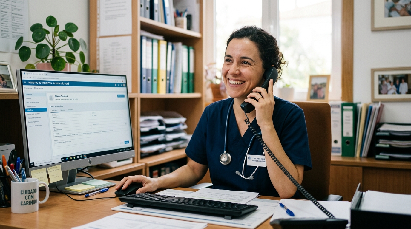 Fotografia de uma profissional de saúde ao telefone num consultório, com um sorriso genuíno e um computador com registos de pacientes à frente, transmitindo um ambiente de cuidado e atenção