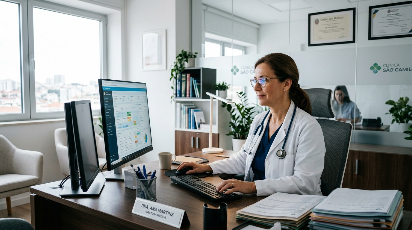 Fotografia de um médico ou gestor de clínica a trabalhar num computador num consultório moderno, com o ecrã a refletir suavemente no rosto, ambiente profissional e organizado