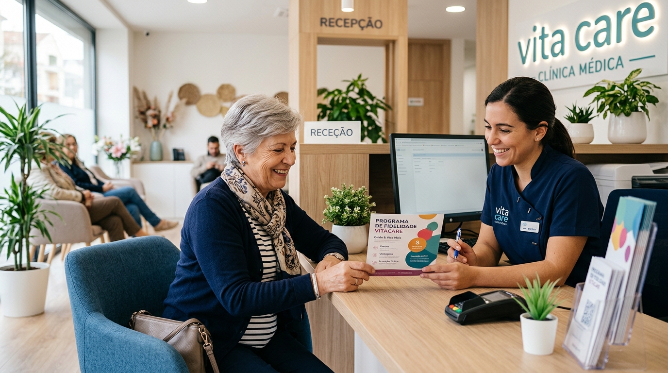 Fotografia de uma paciente sorridente a receber informações sobre um programa de fidelidade na receção de uma clínica, num ambiente moderno e acolhedor