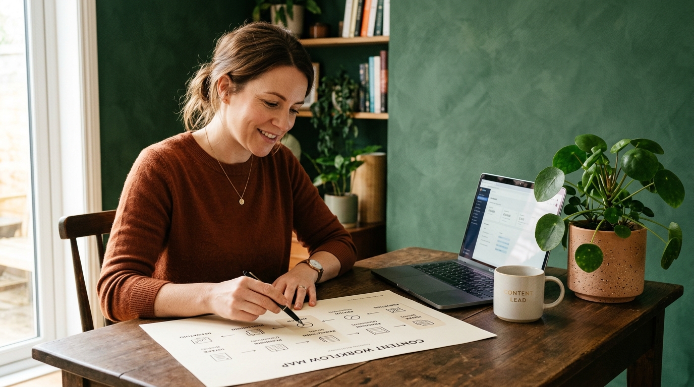 A content team lead reviewing a printed workflow map with intake, planning, production, review, publishing and reporting stages beside a laptop and a potted plant