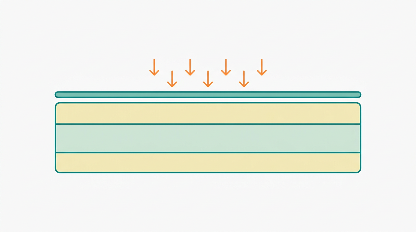 Flat vector side-view diagram showing a mattress (6:1 ratio, 3 layers in #F2E8B8 and #CCE3D4, outlined in #008282) with a thin protective cover layer on top filled in #78C2B2, slightly raised above the mattress surface to suggest a separate layer. Small downward arrows in #FF8A30 above the cover represent liquid being blocked. Off-white (#F9F9F9) background, generous whitespace, orthographic side view, no text.