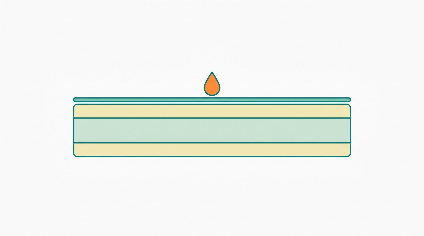 Flat vector diagram in landscape 16:9 showing a cross-section side view of a mattress (clean rectangle, 6:1 ratio, layers in #F2E8B8 and #CCE3D4 outlined in #008282) with a thin protective cover layer on top filled in #78C2B2. A small liquid droplet shape in #FF8A30 is shown stopped at the surface of the cover, not reaching the mattress layers. Background #F9F9F9, generous whitespace, no text, no gradients.