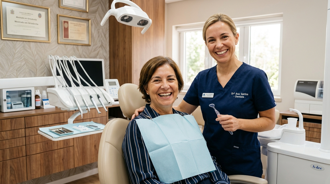 Fotografia de uma paciente de meia-idade a sorrir amplamente numa cadeira de dentista após tratamento, com a médica dentista ao lado também a sorrir, num ambiente clínico moderno e acolhedor