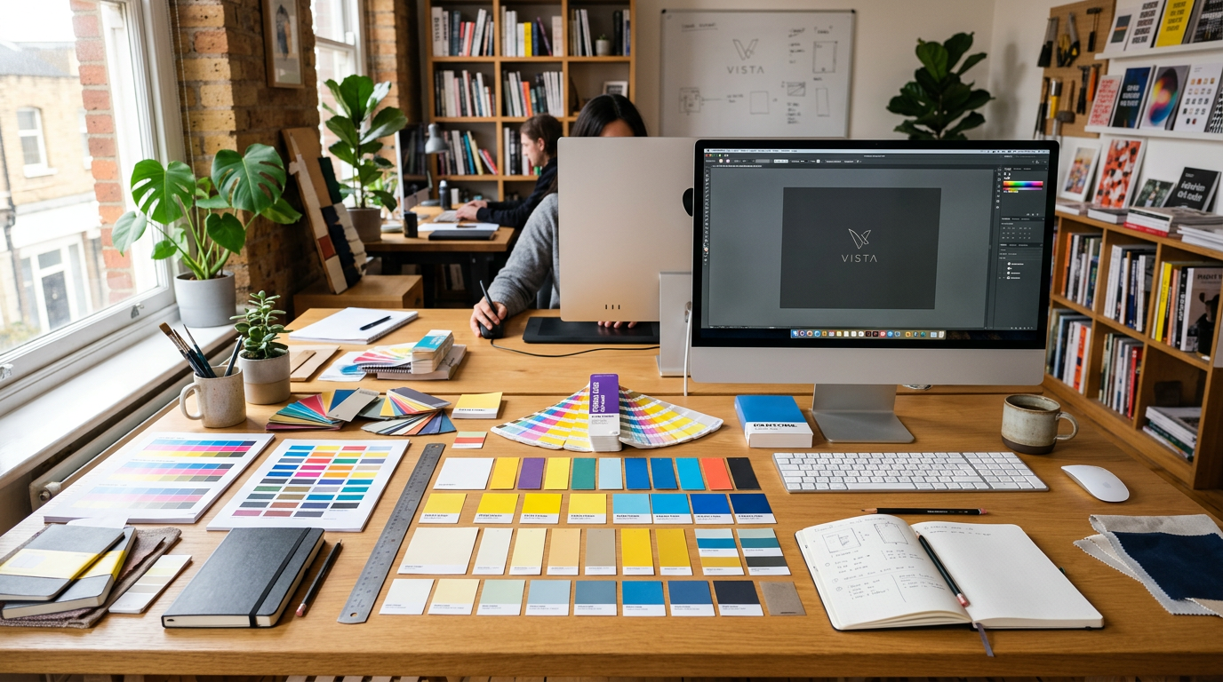Fotografia de um estúdio de design com amostras de cores dispostas sobre uma mesa de trabalho, incluindo paletas cromáticas impressas, cartões de cor e um computador ao fundo com um logotipo minimalista em edição