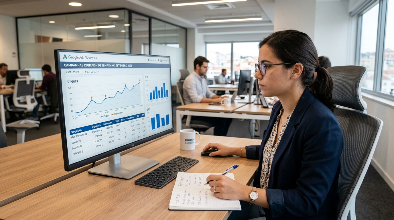 Pessoa a analisar métricas de campanhas digitais num ecrã de computador, com gráficos e dados de desempenho, em ambiente de escritório profissional
