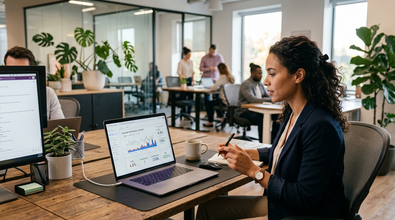 Fotografia de um profissional de marketing a analisar resultados de campanhas publicitárias num computador portátil, com gráficos de desempenho visíveis no ecrã, num ambiente de escritório moderno
