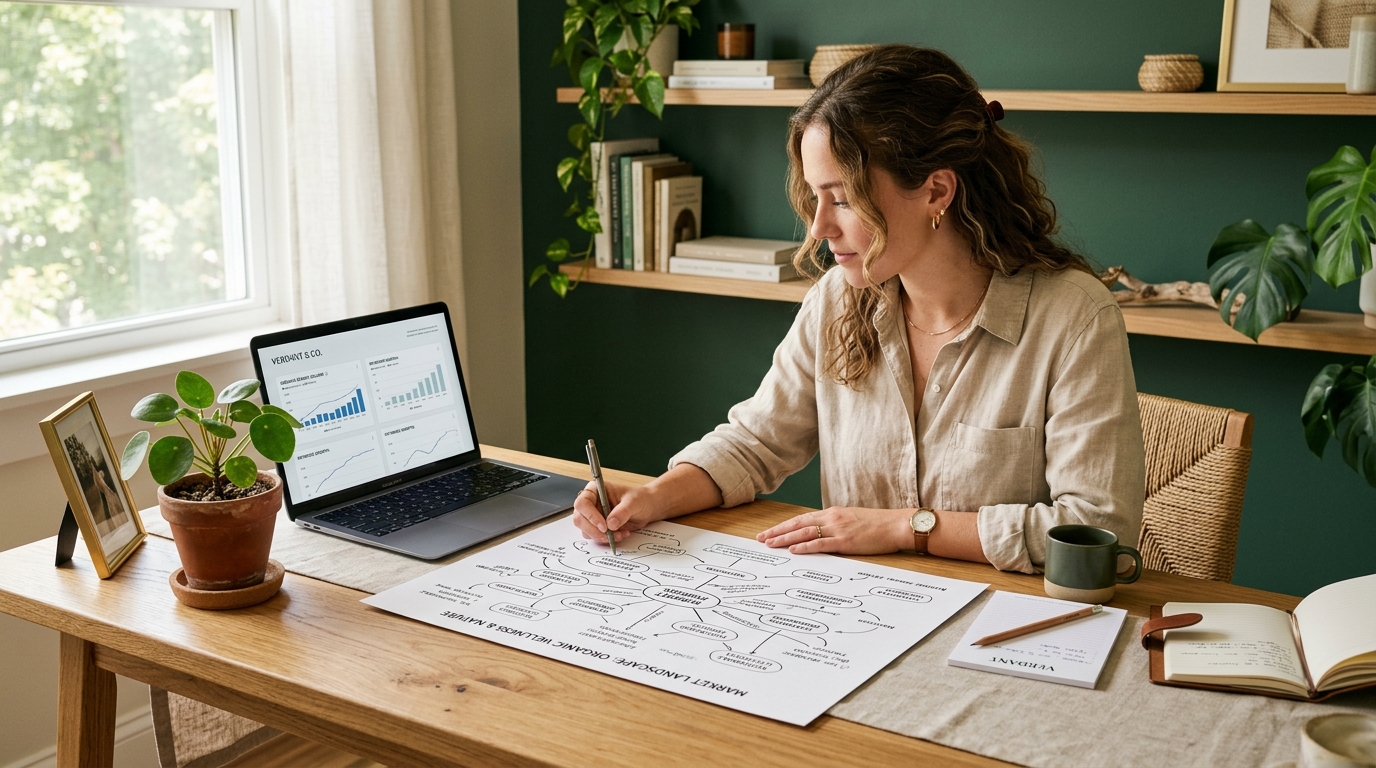 A marketing team member at a sunlit wooden desk reviewing a printed map of related search topics beside a laptop, with a small potted plant nearby