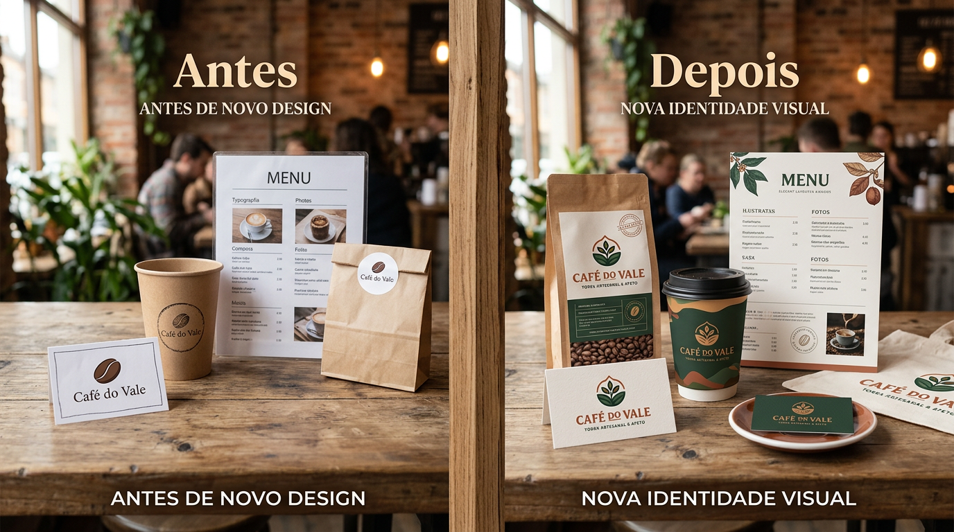 Fotografia de antes e depois de materiais de identidade visual de uma pequena empresa, com a versão antiga e a nova versão dispostas lado a lado numa mesa, mostrando a evolução do design e da comunicação da marca