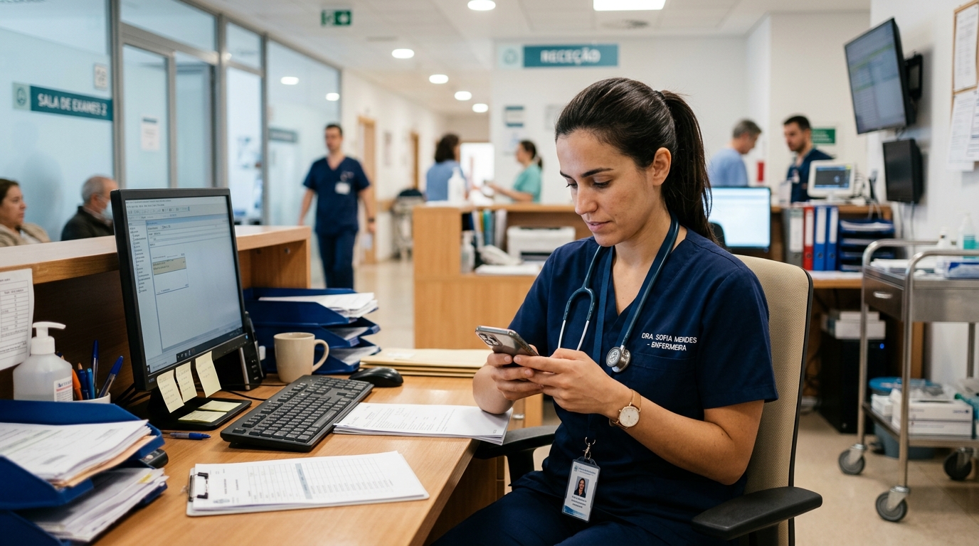 Fotografia de uma profissional de saúde a enviar mensagens no telemóvel, sentada numa zona de trabalho de clínica, com expressão concentrada e ambiente clínico profissional ao fundo