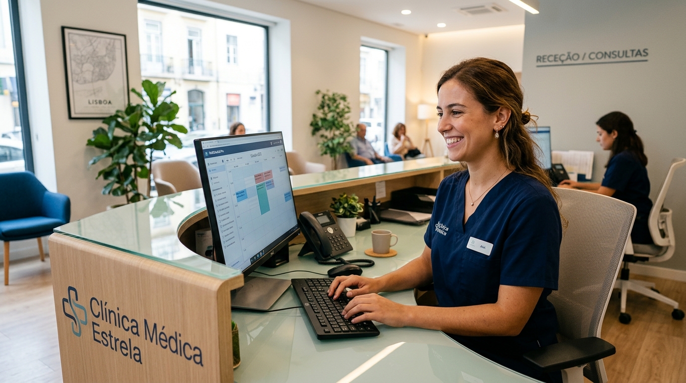 Fotografía de uma rececionista de clínica médica a sorrir enquanto trabalha num computador com um sistema de agendamento de consultas visível no ecrã, ambiente profissional e moderno